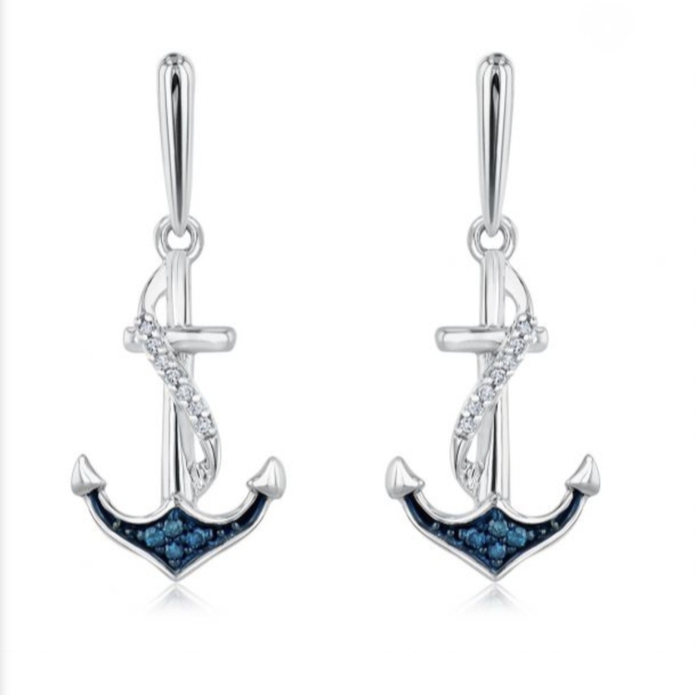 Sterling Silver Blue Diamond Anchor Drop Earrings